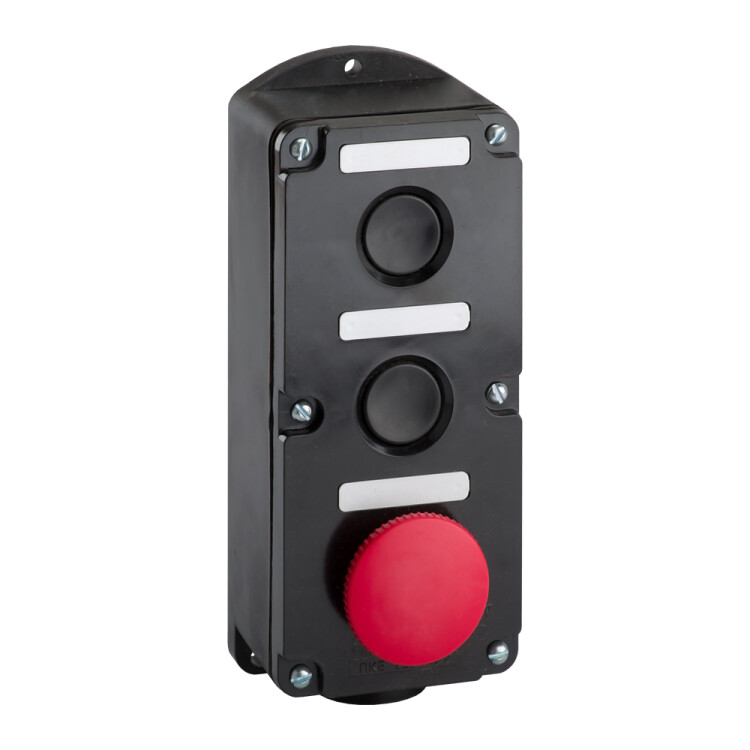 Пост кнопочный ПКЕ 222-3-У2-IP54-КЭАЗ 10А (2 черных кнопки + красный гриб)