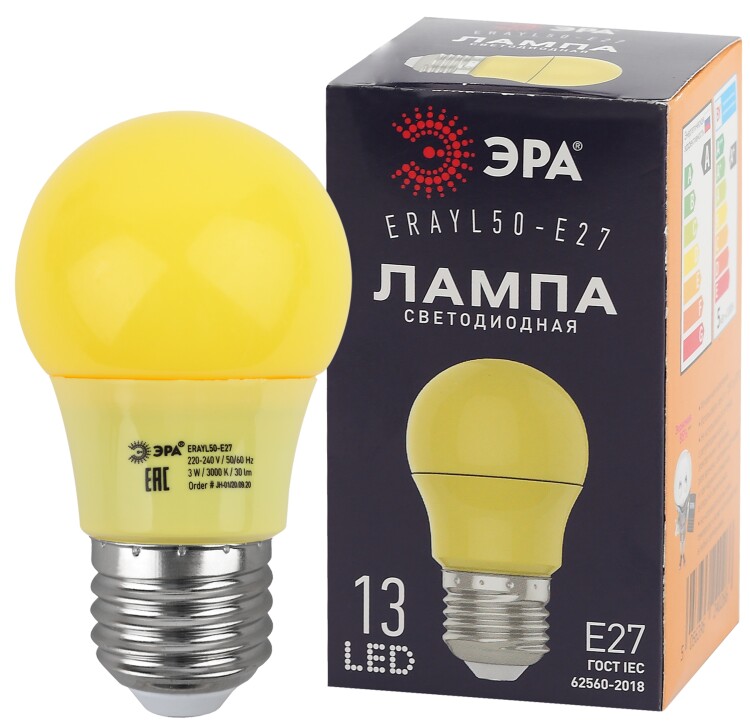 Лампа светодиод. (LED) для белт лайт Груша E27 3Вт 30лм 230В желтая ЭРА