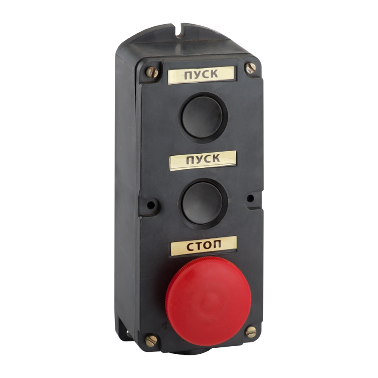 Пост кнопочный ПКЕ 212-3-У3-IP40-КЭАЗ 10А (2 черных кнопки + красный гриб)